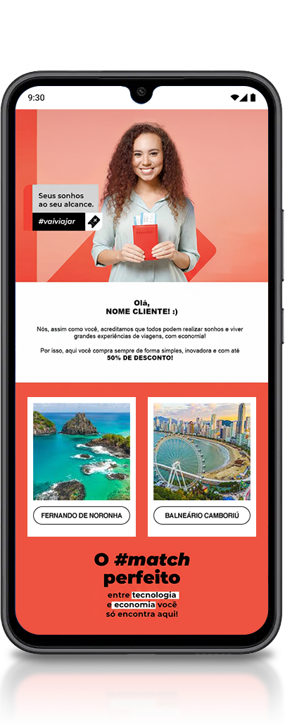 Demonstração de um layout de e-mail em um celular